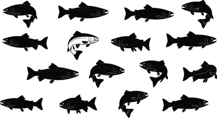 Fish silhouette vector illustration, black and white, unique fish concept, pattern recognition, odd one out, minimal design, underwater animal icons