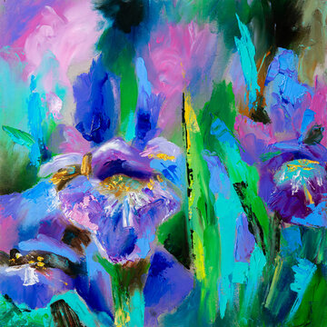 Purple irises in garden, oil painting with vibrant brushstrokes