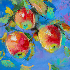 Red apples on a tree branch, oil painting with textured brushstrokes and blue background © Alrandir