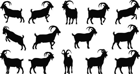 Goat silhouette vector illustration, black and white, various poses, horn shapes, farm animal icons, livestock design, nature theme, rural graphic art