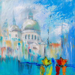 Venice cityscape with boats on the canal, oil painting with textured brushstrokes and soft tones