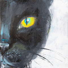 Black cat with yellow eye close-up, oil painting with textured brushstrokes and monochrome...