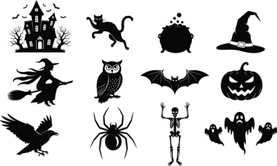 Halloween silhouette vector illustration, black and white, spooky icons, haunted house, ghost, cat, witch, pumpkin, skeleton, festive horror theme, graphic design