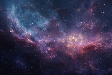 Fototapeta premium Majestic cosmic scene with vibrant stars and colorful gas clouds in deep blue, purple, and pink hues, evoking a sense of mystery and grandeur in the vast universe