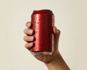Refreshing cold red soda can condensation drips glistening in hand, perfect for thirst quenching advertisements and beverage promotions.