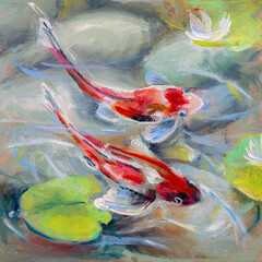 Two koi fish swimming in pond with lily pads and white lotus flower