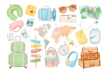 Travel watercolor isolated hand drawn illustration set. Accessories needed in trip.