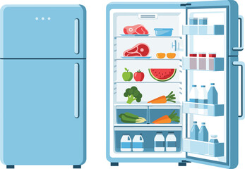 Open blue refrigerator filled with organized food items including fruits, vegetables, drinks, and meat, promoting healthy eating and storage