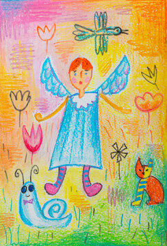 Crayon drawing of angel with animals and flowers in naive childrens style
