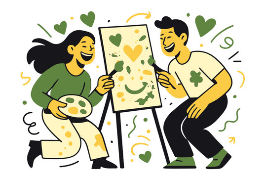 Creative Couple Painting. Shared hobbies. Couple painting together on one canvas, splashes of color forming