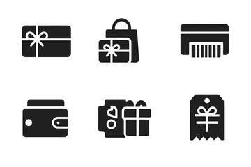 Gift Card Icons. Gift cards. Filled icon set of Gift cards: card with ribbon, shopping bag, gift box, barcode,