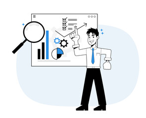Vector illustration of a man presenting marketing data. Background showing Analysis, innovation, presentation, and explaining.