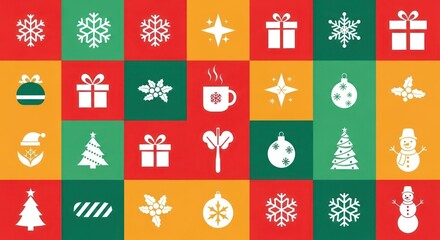 Cheerful holiday grid pattern with ornaments, gifts, and snowflakes