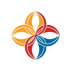 Colorful abstract flower logo with interlocking petals in red, blue, and yellow