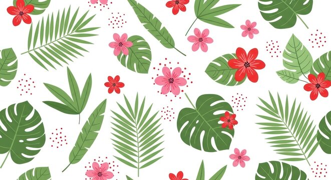 Green palms and pink flowers dot a white background, cheerful and tropical