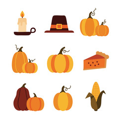 Thanksgiving Pumpkins and Pie Flat Vector Set with Candle, Corn, and Hat
