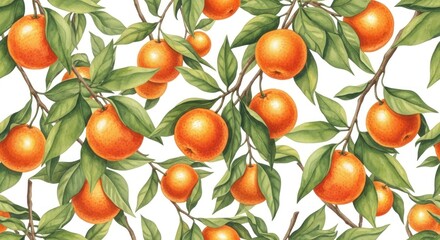 Orange fruit tree branch watercolor illustration seamless pattern