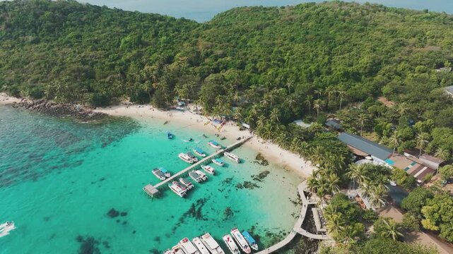 Turquoise Water Paradise, Boat Parasailing Near Coconut Trees - Phu Quoc 4K Drone
the deep blue ocean, the cyan shallow water, and the green coconut palm trees creates a visually stunning backdrop.