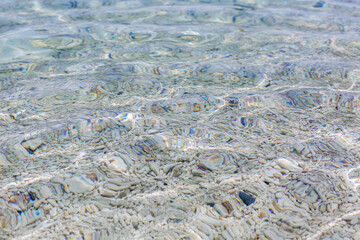Clear sea water with a sandy and pebble bottom. Beautiful background. Space for text.