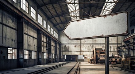Eerie Abandoned Industrial Warehouse Interior Featuring Old Machinery and Natural Skylight Illumination