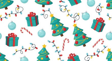 Festive Christmas pattern with gifts, ornaments, trees, lights, and candy canes