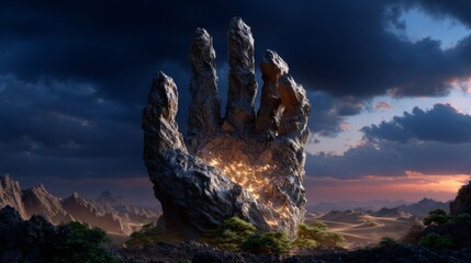 Giant Stone Hand Sculpture with Glowing Interior, Dramatic Desert Landscape at Sunset, Surreal Fantasy Scene