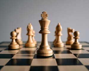 Strategic king piece leading loyal army on classic chessboard symbolizing leadership and competition