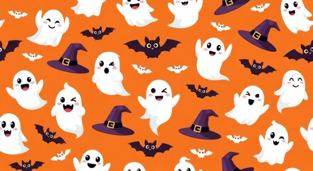 Fototapeta premium Cheerful Halloween pattern ghosts, bats, and hats on orange background