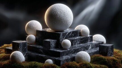 Abstract texture spheres on dark marble pedestal with dramatic spotlight, nature moss base, moody, serene, conceptual
