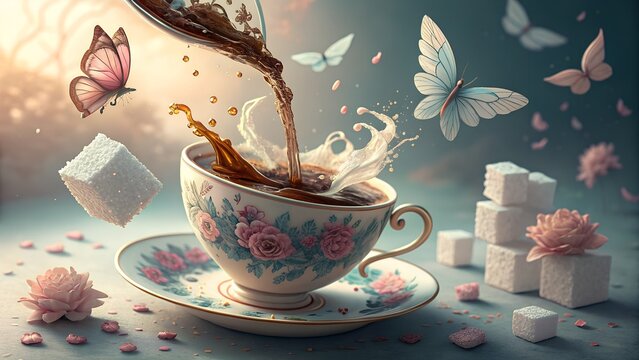 Enchanting tea ceremony with butterflies and sugar cubes evokes whimsical elegance and serene indulgence for a moment of pure delight.