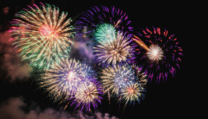 Fototapeta premium Vibrant multi colored fireworks exploding against a pure black background. Festive celebration concept for holidays, events, posters, and party designs