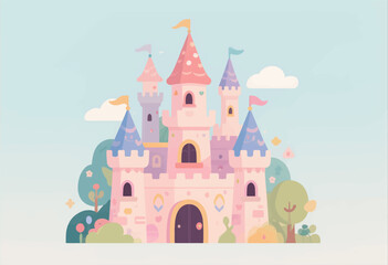 Fototapeta premium Colorful cartoon castle with turrets and flags, whimsical fairy tale setting, flat design