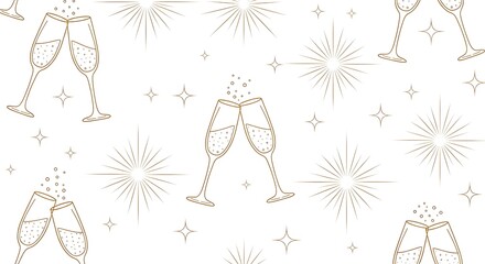 Photo of seamless pattern of gold line art champagne glasses clinking with abstract starbursts and sparkles on a white background