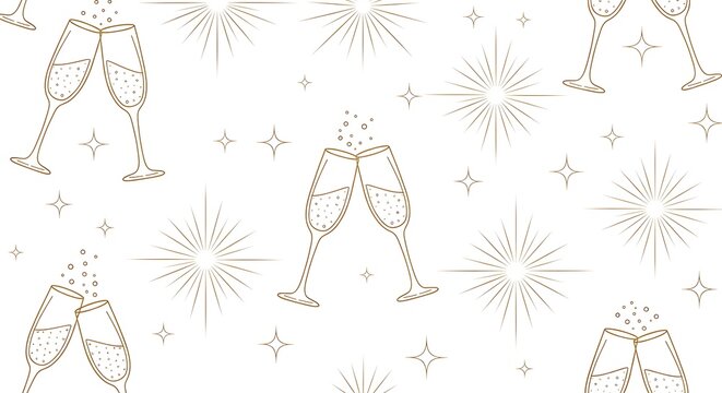 Photo of seamless pattern of gold line art champagne glasses clinking with abstract starbursts and sparkles on a white background