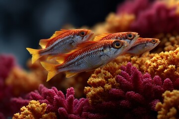 Vibrant Orange Fish Swim Amidst Colorful Coral Reef Ecosystem, Underwater Nature Photography