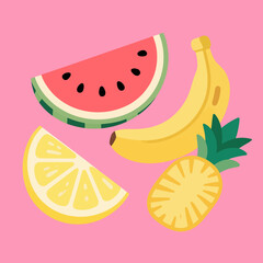 Colorful flat fruit icons including watermelon banana lemon and pineapple isolated