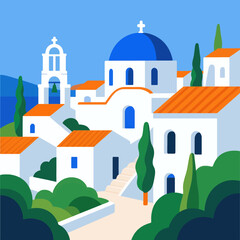 Naklejka premium Colorful Greek village with blue domes and orange roofs, flat illustration
