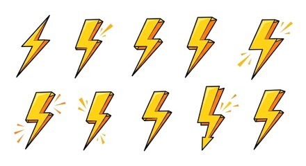 Ten cartoon lightning bolts in yellow with black outline, arranged in rows