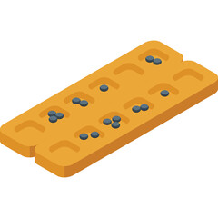 Golden brown rectangular waffle with dark toppings evenly distributed on its surface shown in a simplified isometric illustration with a white background