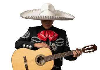 Young mariachi musician in traditional black suit and white sombrero isolated on transparent background, playing guitar