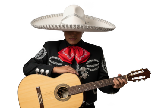 Young mariachi musician in traditional black suit and white sombrero isolated on transparent background, playing guitar - Powered by Adobe