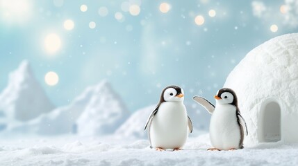 Two cute baby penguins in snowy winter landscape next to igloo. Adorable animal friends in magical Christmas scene with bokeh lights and copy space