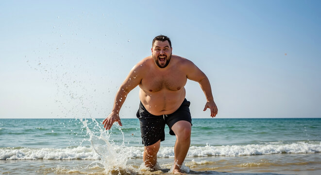 Energetic overweight man having fun running and splashing in sea. Happy plus-size person enjoying summer beach vacation. Body positivity and carefree lifestyle concept