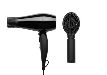 Black hair dryer with diffuser isolated on transparent background for professional hairstyling and beauty treatments