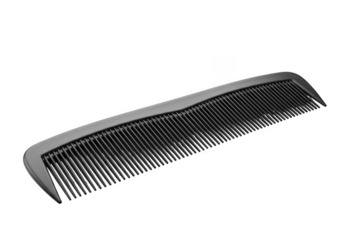 A black plastic comb isolated on a transparent background, showcasing its fine teeth and ergonomic design for hair styling and grooming