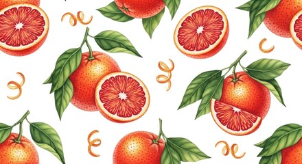 Blood orange, leaf, and peel artwork on a white background, a vibrant repeating pattern