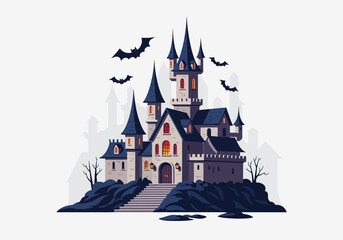 Obraz premium Spooky Halloween Castle with Bats and Stone Steps Illustration.