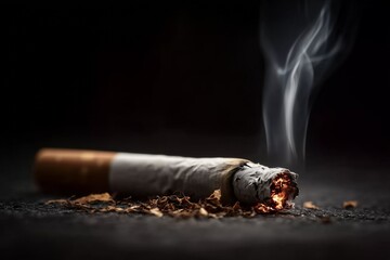 Burning Cigarette on Dark Surface with Rising Smoke and Scattered Tobacco Pieces