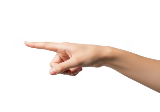 A womans hand pointing to the left, isolated on a transparent background