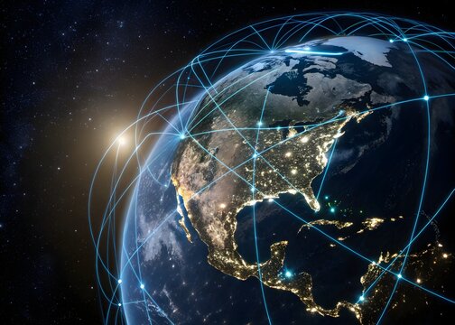 Digital Earth at Night with Neon Fiber Optic Network Grid Connecting Continents in Space - Powered by Adobe
